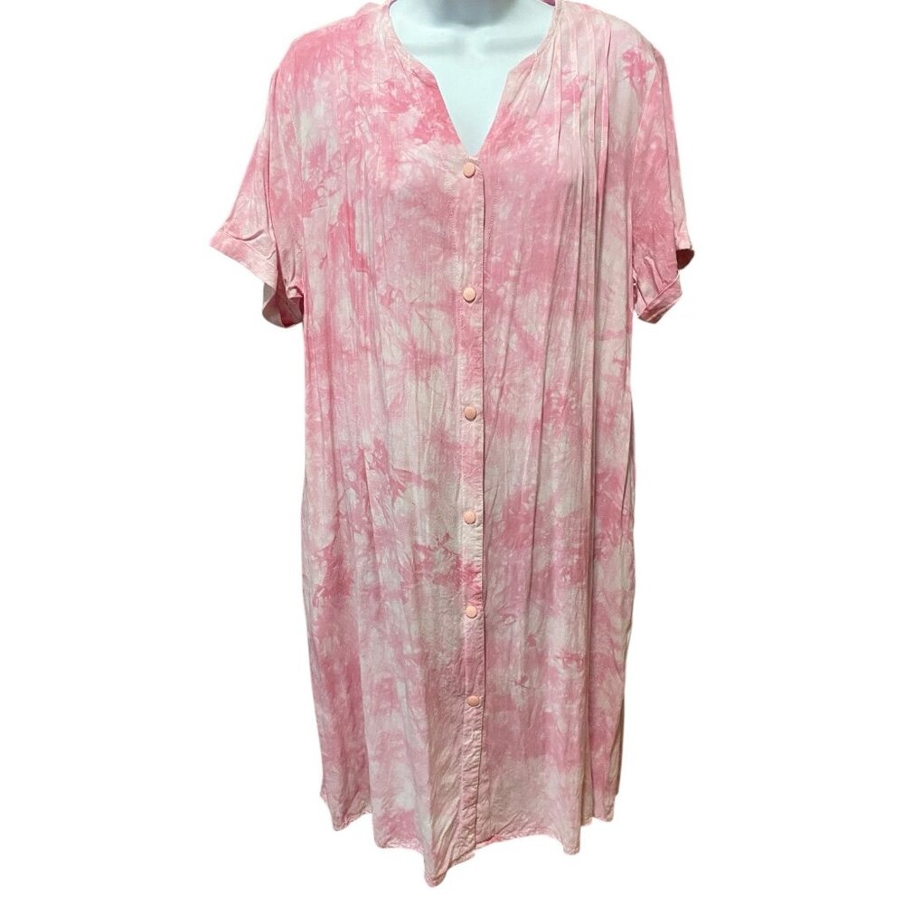 Yozly House Dress Womens XL‎ Nightgown Pink Tie Dyed Pockets Lounge Below Knee